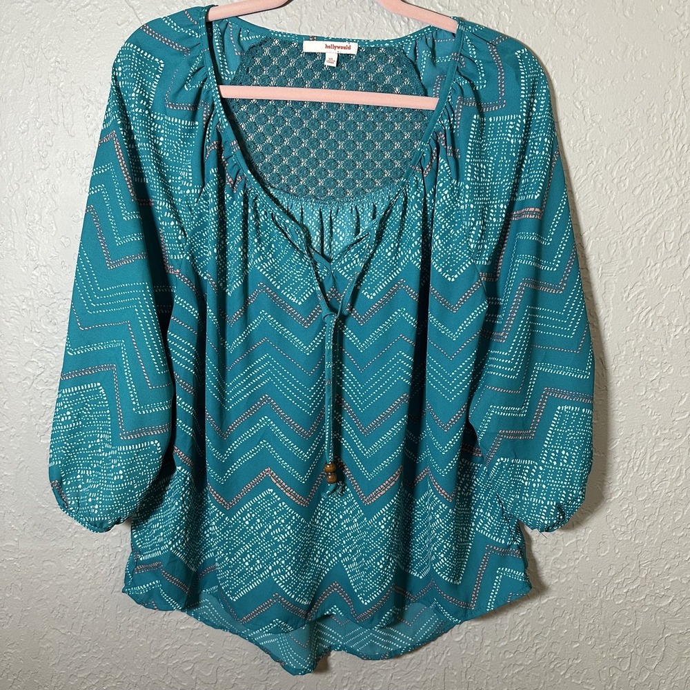 Hollywood Turquoise Patterned Women's XL Boho Top Peasant Fairy Coquette Blouse - Picture 5 of 9